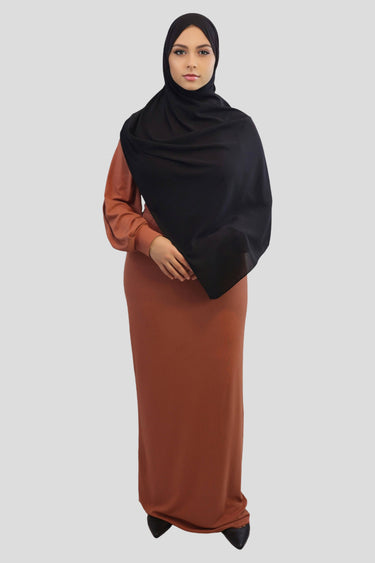 Samia Front View Female Model in Black Chiffon Hijab and a Ribbed Maxi Dress-  Brown Sugar - MODESTY MUSLIMAH