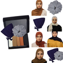 A collection of images showcasing a chiffon hijab set in various colors, including beige, brown, and orange with a navy blue jersey under cap and a large light gray chiffon volumizing hair scrunchie. On the right are several images of women wearing the hijabs. 