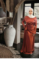 Coral Red Satin Maxi Dress – Modest Long Sleeve Formal Dress