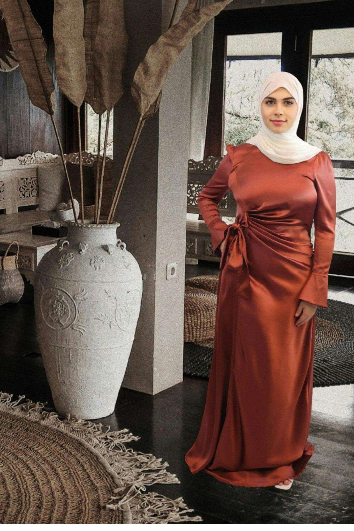 Aliya coral red satin maxi dress front view elegant modest long sleeve evening dress