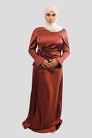 Coral Red Satin Maxi Dress – Modest Long Sleeve Formal Dress