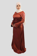 Coral Red Satin Maxi Dress – Modest Long Sleeve Formal Dress