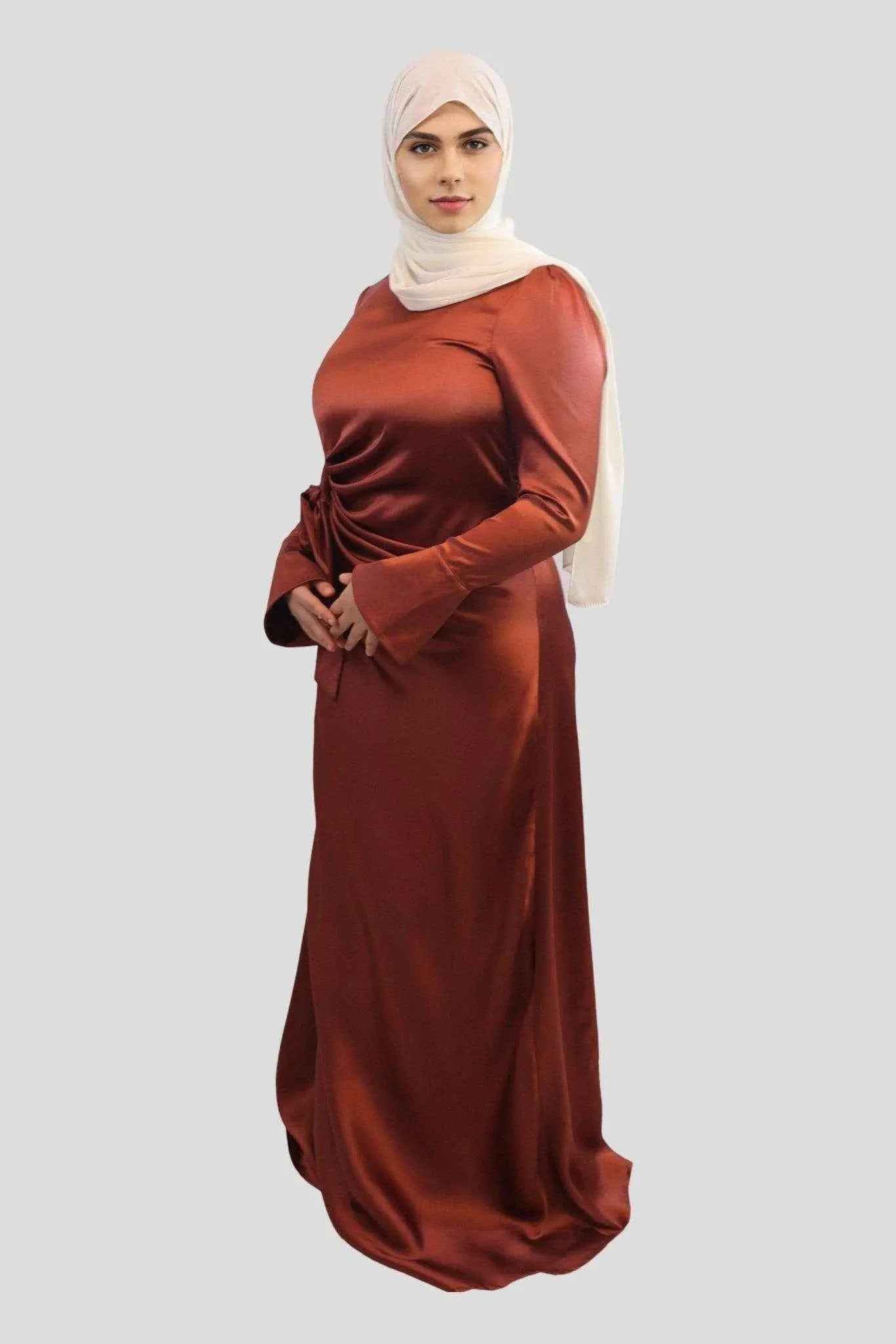 Coral Red Satin Maxi Dress – Modest Long Sleeve Formal Dress