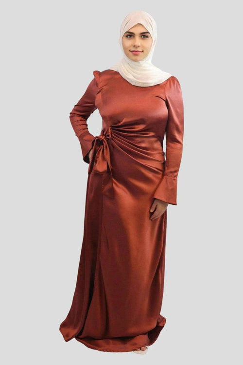 Coral Red Satin Maxi Dress – Modest Long Sleeve Formal Dress
