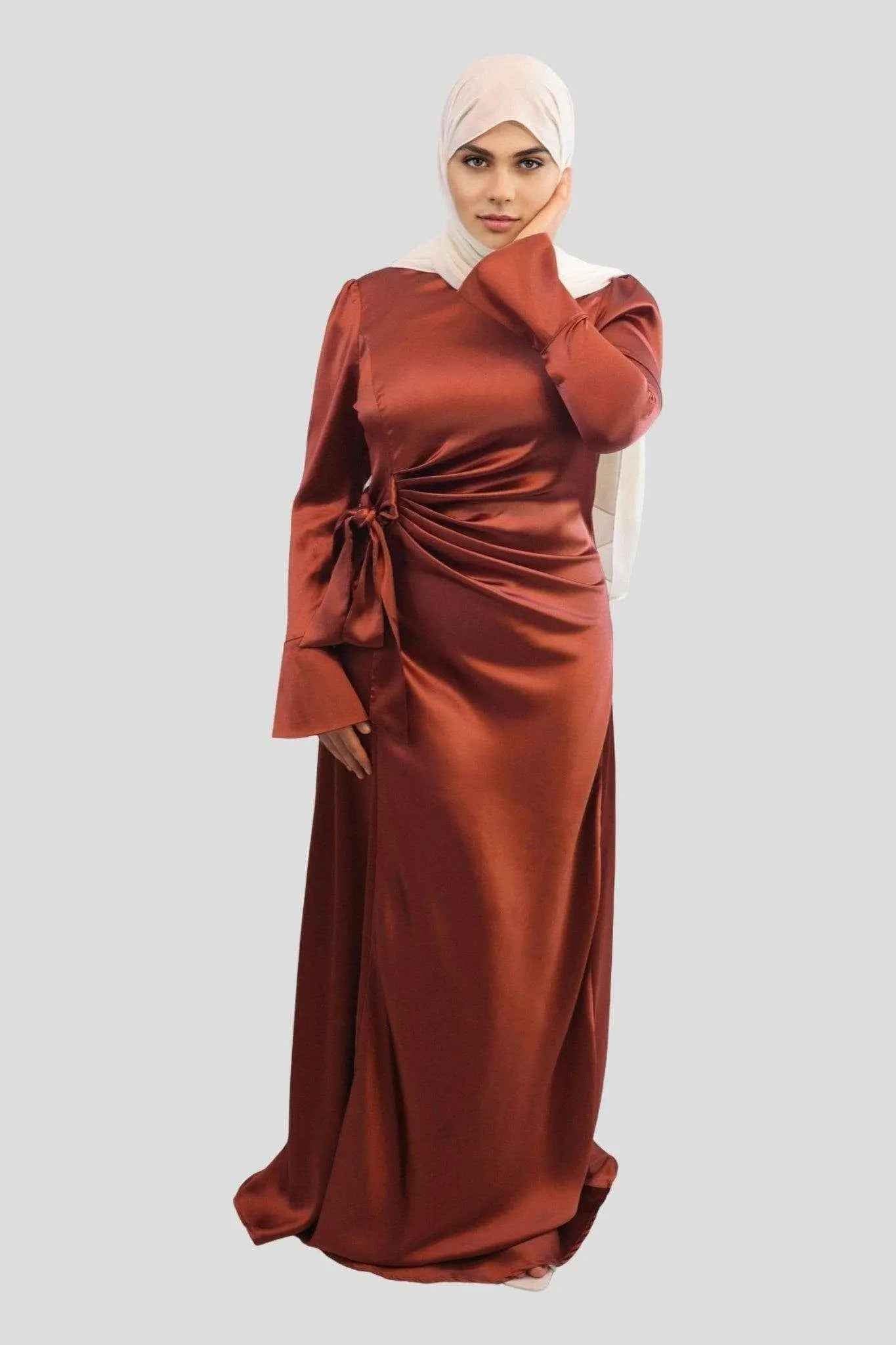 Coral Red Satin Maxi Dress – Modest Long Sleeve Formal Dress