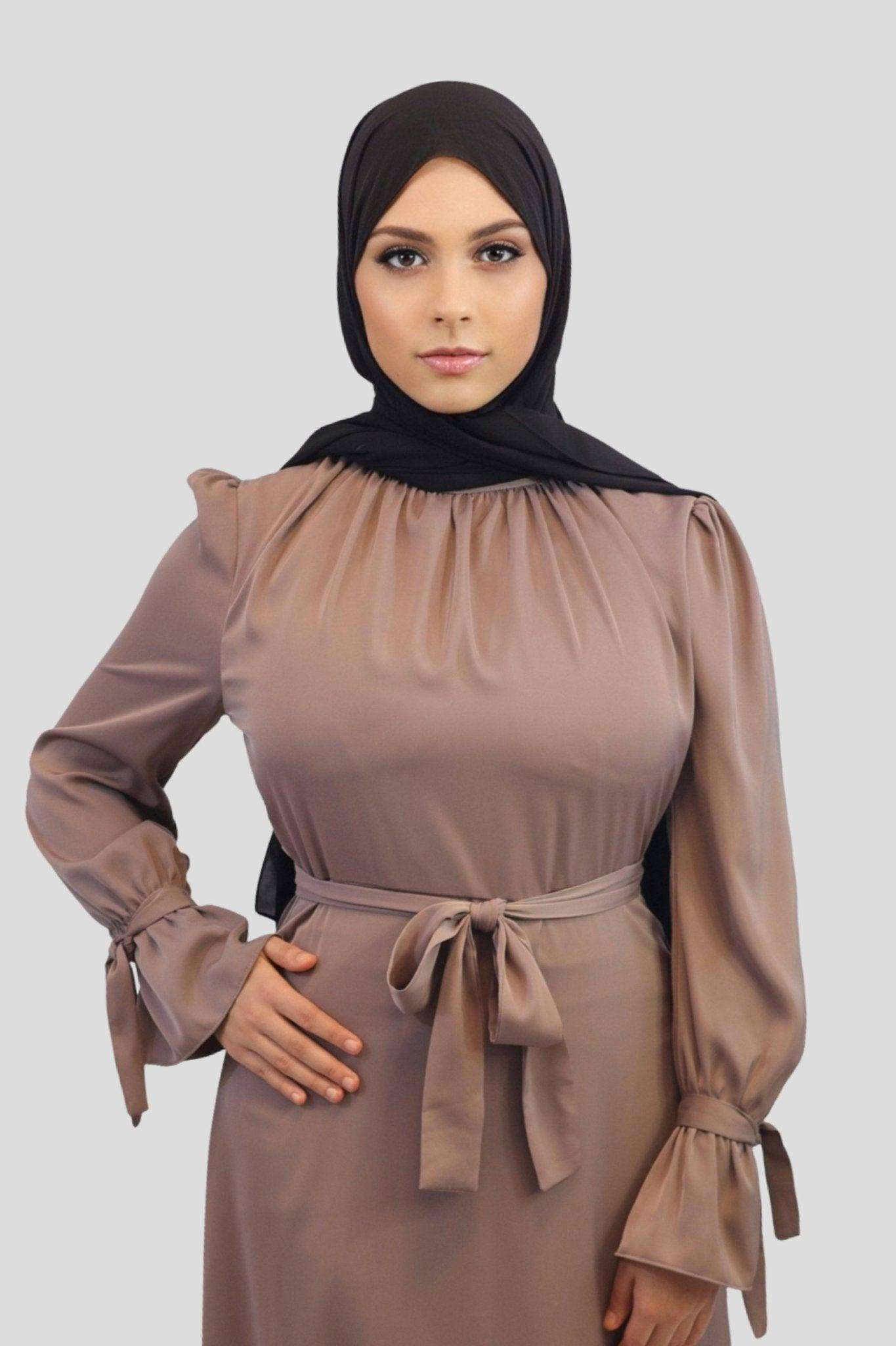 Amna Satin Tied Cuffs Maxi Dress- Deep Taupe - MODESTY MUSLIMAH