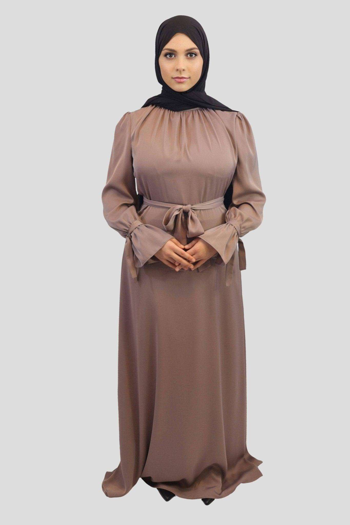 Amna Satin Tied Cuffs Maxi Dress- Deep Taupe - MODESTY MUSLIMAH