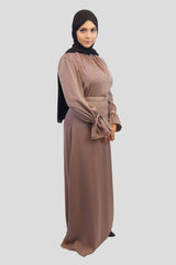 Amna Satin Tied Cuffs Maxi Dress- Deep Taupe - MODESTY MUSLIMAH