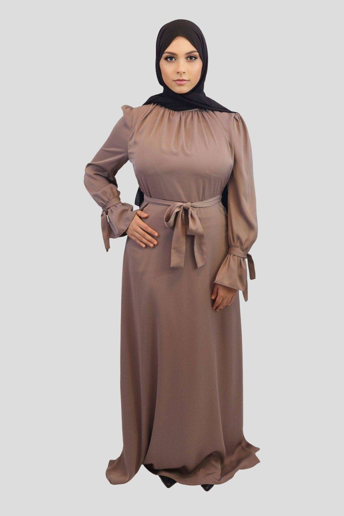 Amna Satin Tied Cuffs Maxi Dress- Deep Taupe - MODESTY MUSLIMAH