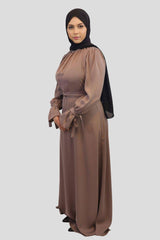 Amna Satin Tied Cuffs Maxi Dress- Deep Taupe - MODESTY MUSLIMAH