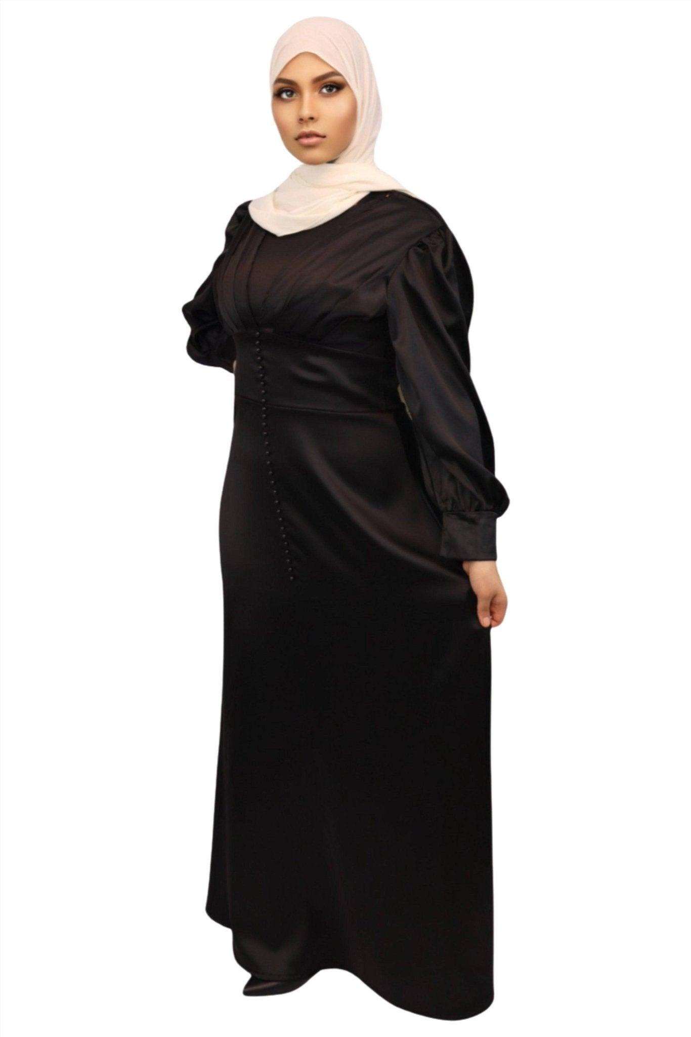 Black Asma Satin Maxi Dress - MODESTY MUSLIMAH