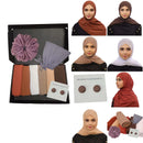 Chocolate Rose Neutrals Hijab Set with Dark Salmon Pink, White, Chestnut Brown, Chocolate Brown, Pearl Copper, and Sand hijabs, styled with a Light Gray undercap, English Lavender chiffon scrunchie, and Taupe hijab magnets