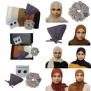 Earthstone Neutrals Hijab Set featuring Black, Sienna, Clay, Coffee, Almond White, and Khaki hijabs, paired with a Gray undercap, Gray chiffon volumizing scrunchie, and Brown hijab magnets