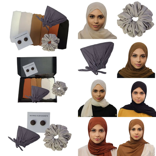 Earthstone Neutrals Hijab Set featuring Black, Sienna, Clay, Coffee, Almond White, and Khaki hijabs, paired with a Gray undercap, Gray chiffon volumizing scrunchie, and Brown hijab magnets