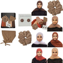 French Rose Neutrals Hijab Set featuring Dark Salmon Pink, White, Chestnut Brown, Chocolate Brown, Pearl Copper, and Sand hijabs, paired with a French Briste undercap, Beige chiffon scrunchie, and Taupe hijab magnets