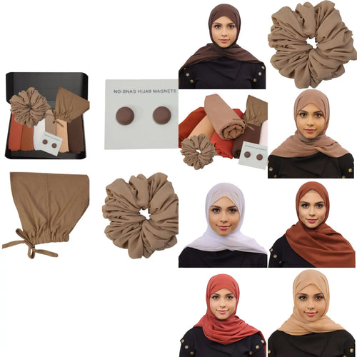 French Rose Neutrals Hijab Set featuring Dark Salmon Pink, White, Chestnut Brown, Chocolate Brown, Pearl Copper, and Sand hijabs, paired with a French Briste undercap, Beige chiffon scrunchie, and Taupe hijab magnets