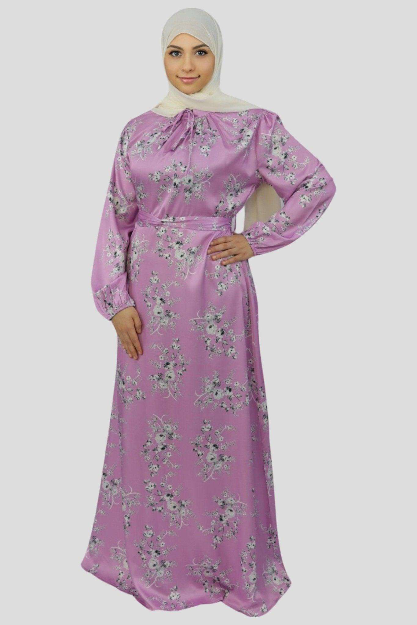 Hareem Floral Elegance Satin Dress - MODESTY MUSLIMAH