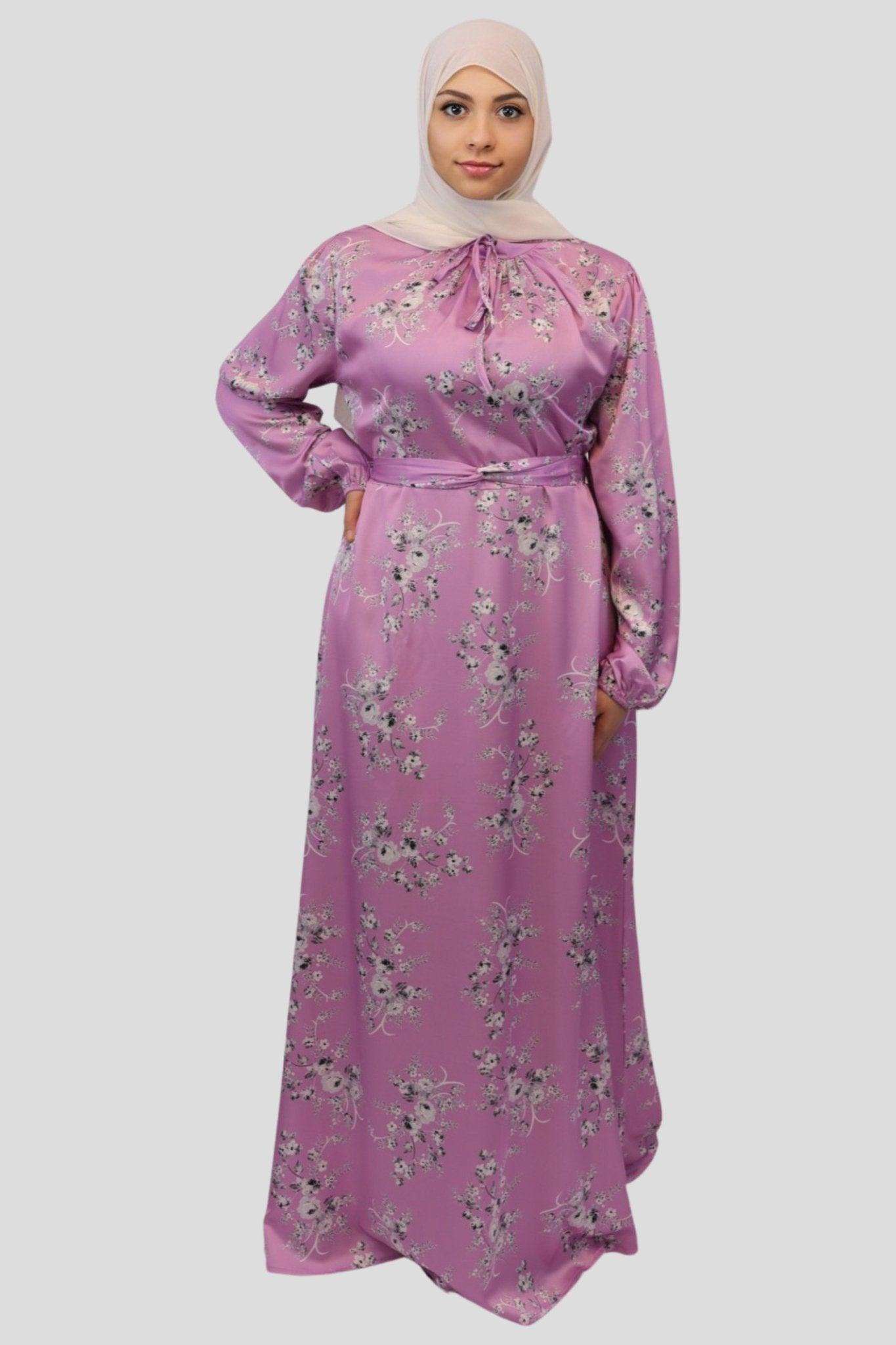 Hareem Floral Elegance Satin Dress - MODESTY MUSLIMAH