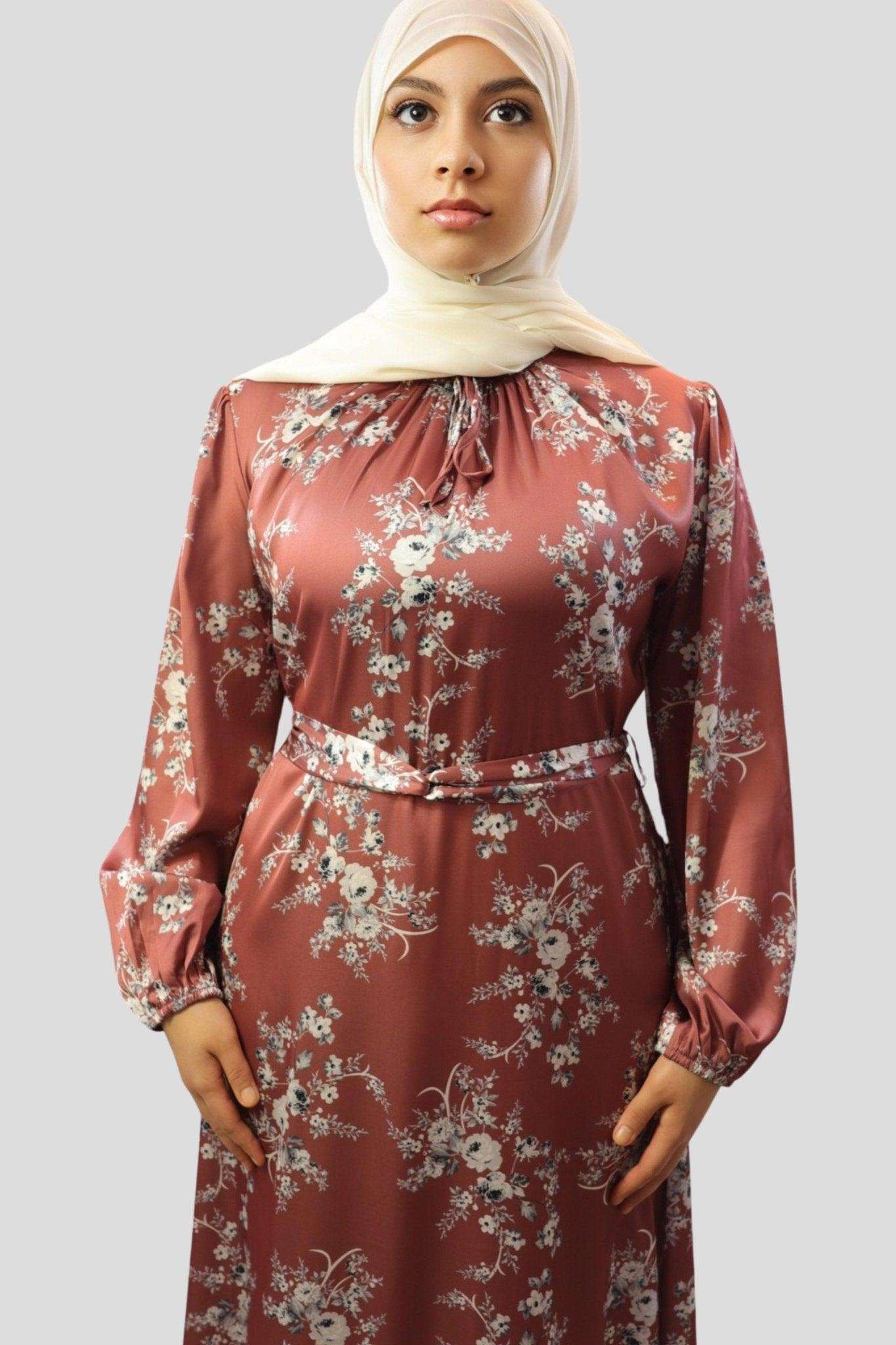 Hareem Floral Elegance Satin Dress - MODESTY MUSLIMAH