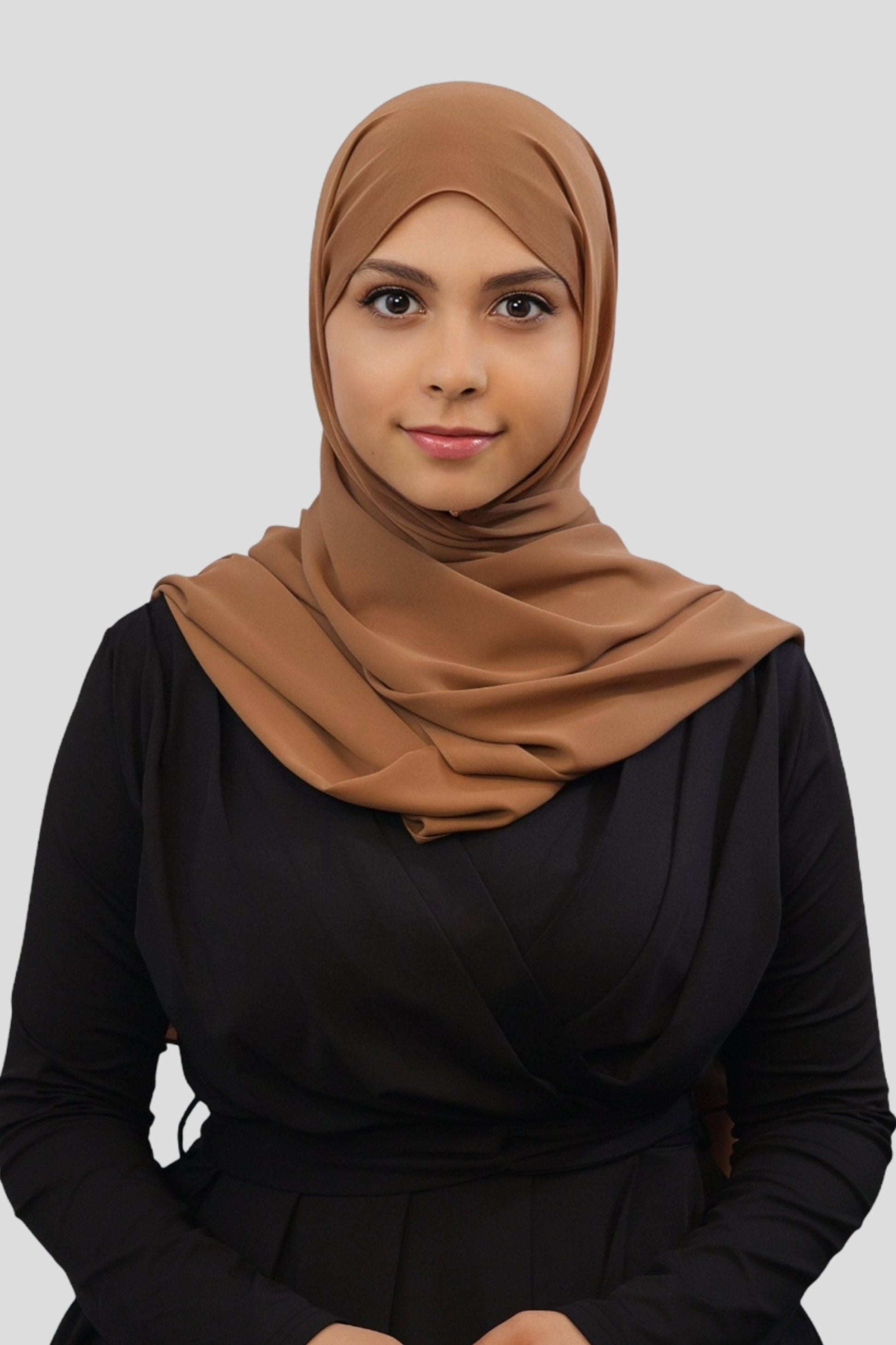 Front view female model Ebony Premium Luxury Medina Silk Hijab - Clay - MODESTY MUSLIMAH