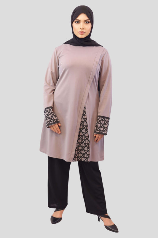 Aafia Front View Female Model Top and Pants Outfit Set-Mink - MODESTY MUSLIMAH