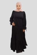 ront view of Nasma black chiffon lace tiered maxi dress, elegant and flowy long dress for women