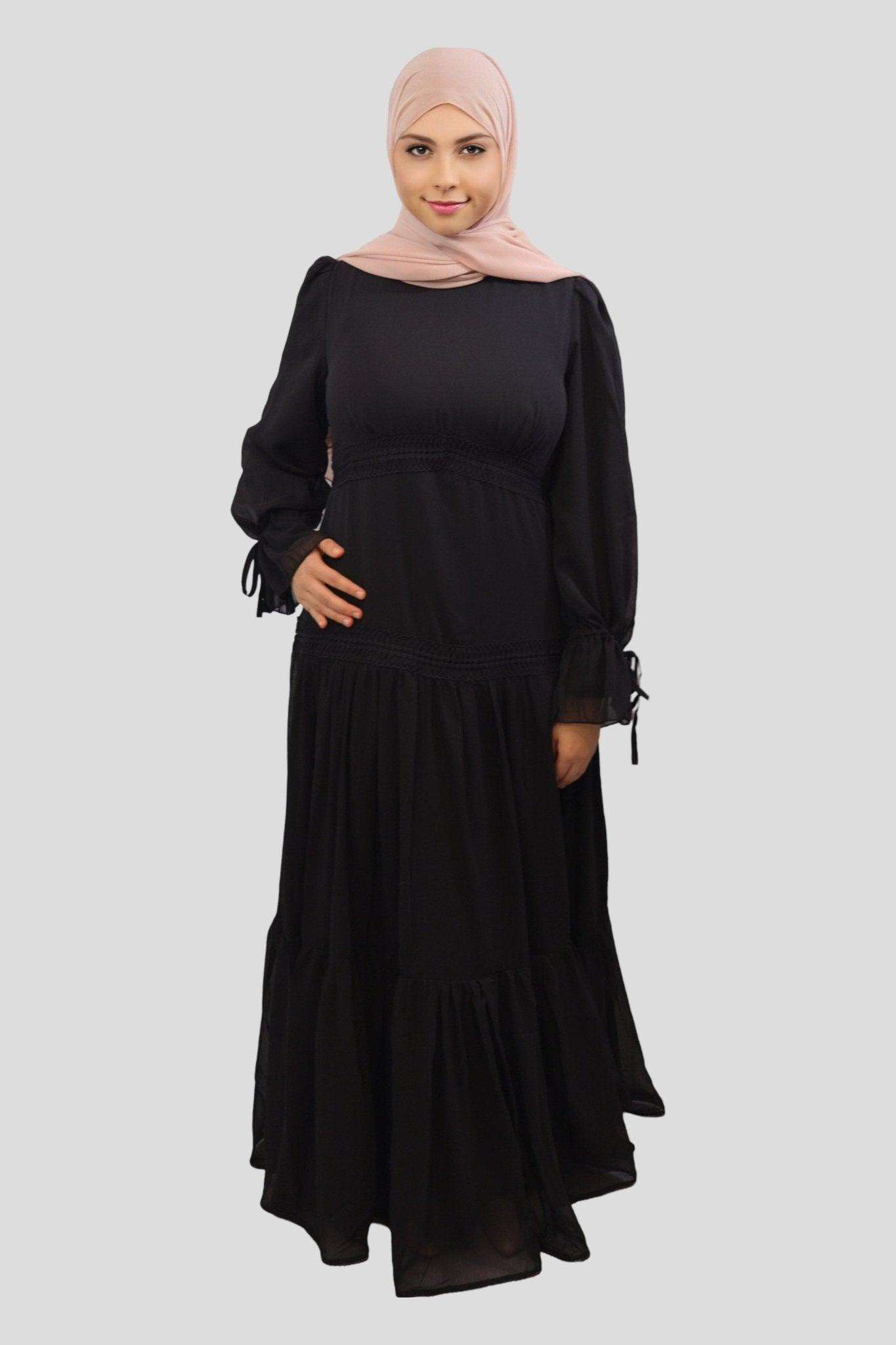 ront view of Nasma black chiffon lace tiered maxi dress, elegant and flowy long dress for women