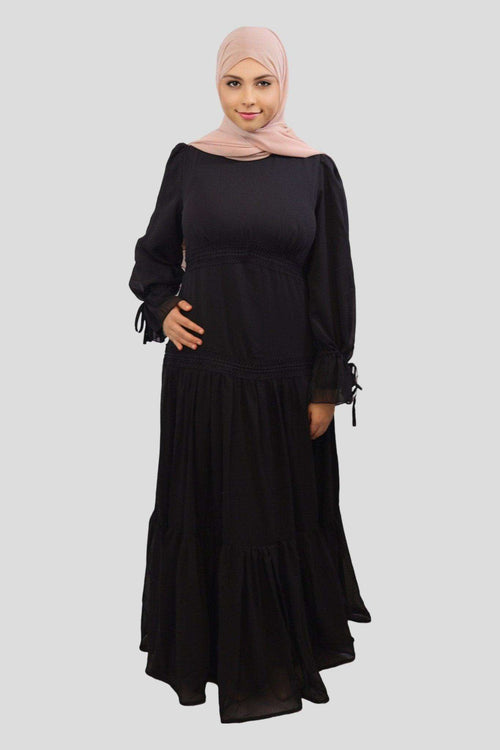 ront view of Nasma black chiffon lace tiered maxi dress, elegant and flowy long dress for women
