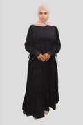 Front angle of Nasma black lace chiffon maxi dress, stylish flowy long dress