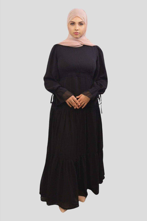 Nasma Black Tiered Chiffon Lace Maxi Dress – Elegant Flowy Long Dress S–XXL