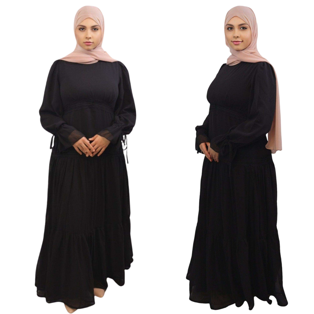 Nasma black tiered chiffon lace maxi dress front view, elegant flowy long dress