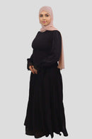 Side view of Nasma black tiered chiffon lace maxi dress, flowing long dress for women