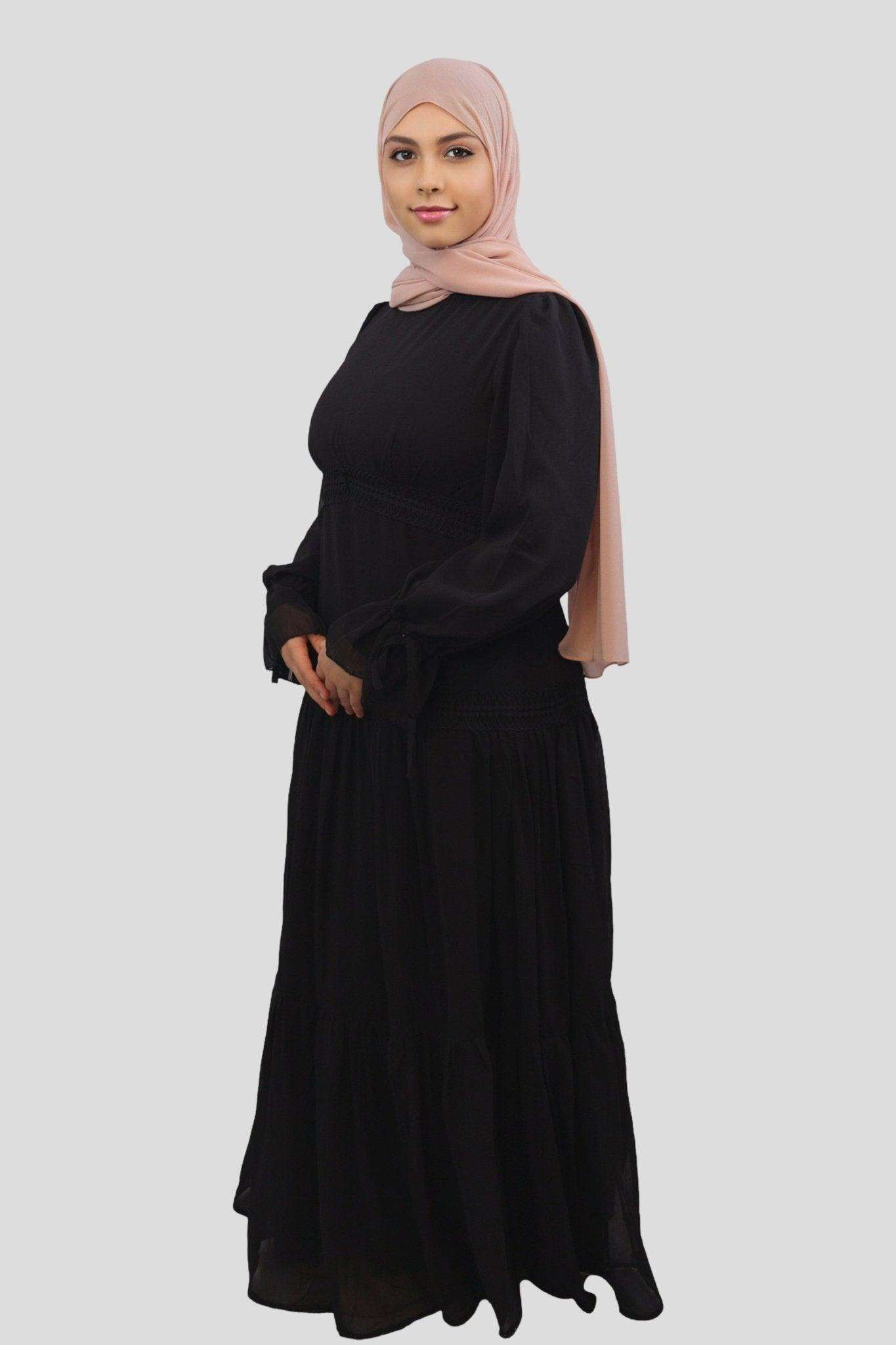 Side view of Nasma black tiered chiffon lace maxi dress, flowing long dress for women