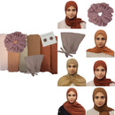 Peach Sand Hijab Set with chiffon hijabs in Peach, Peru, Camel, Clay Brown, Sienna, and Pearl Copper, paired with a Taupe jersey undercap, Rose chiffon scrunchie, and Deep Taupe hijab magnets