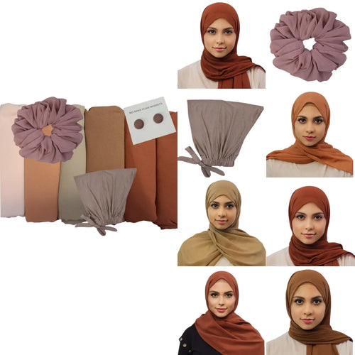 Peach Sand Hijab Set with chiffon hijabs in Peach, Peru, Camel, Clay Brown, Sienna, and Pearl Copper, paired with a Taupe jersey undercap, Rose chiffon scrunchie, and Deep Taupe hijab magnets