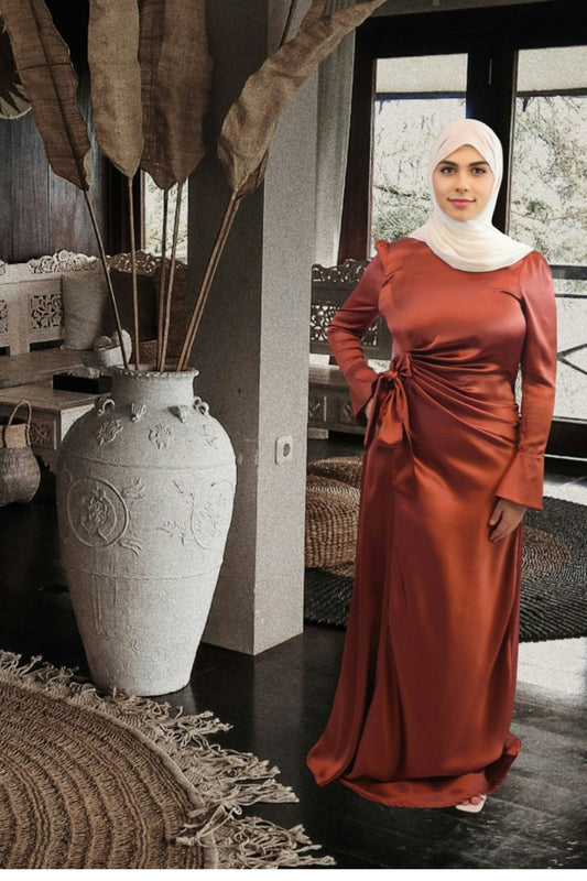 Aliya Gathered Satin Maxi Dress- Coral Red - MODESTY MUSLIMAH