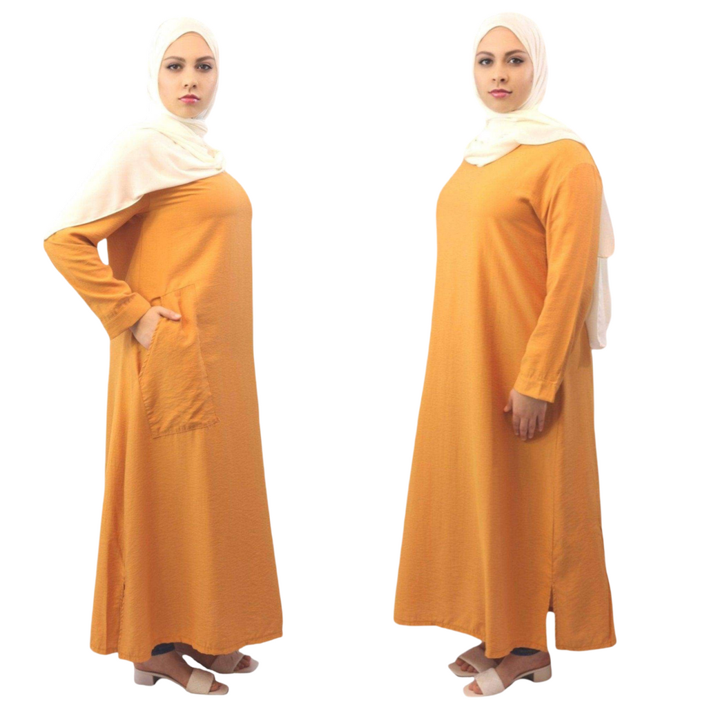 Shirtdress saffron  long abaya dress front and Side view modesty muslimah 