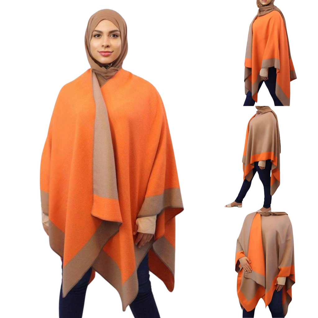 Reversible Poncho women khaki orange, front side views Modesty Muslimah