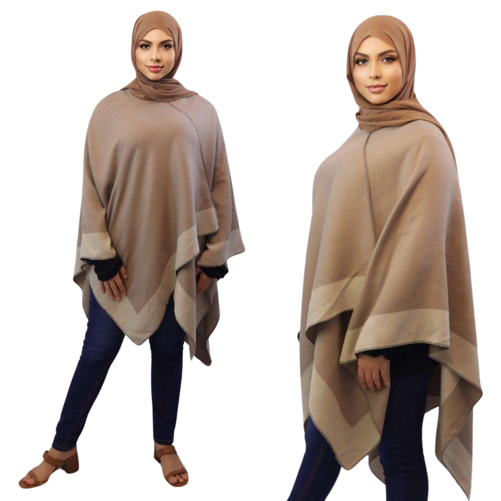 Reversible Poncho women khaki front side views Modesty Muslimah