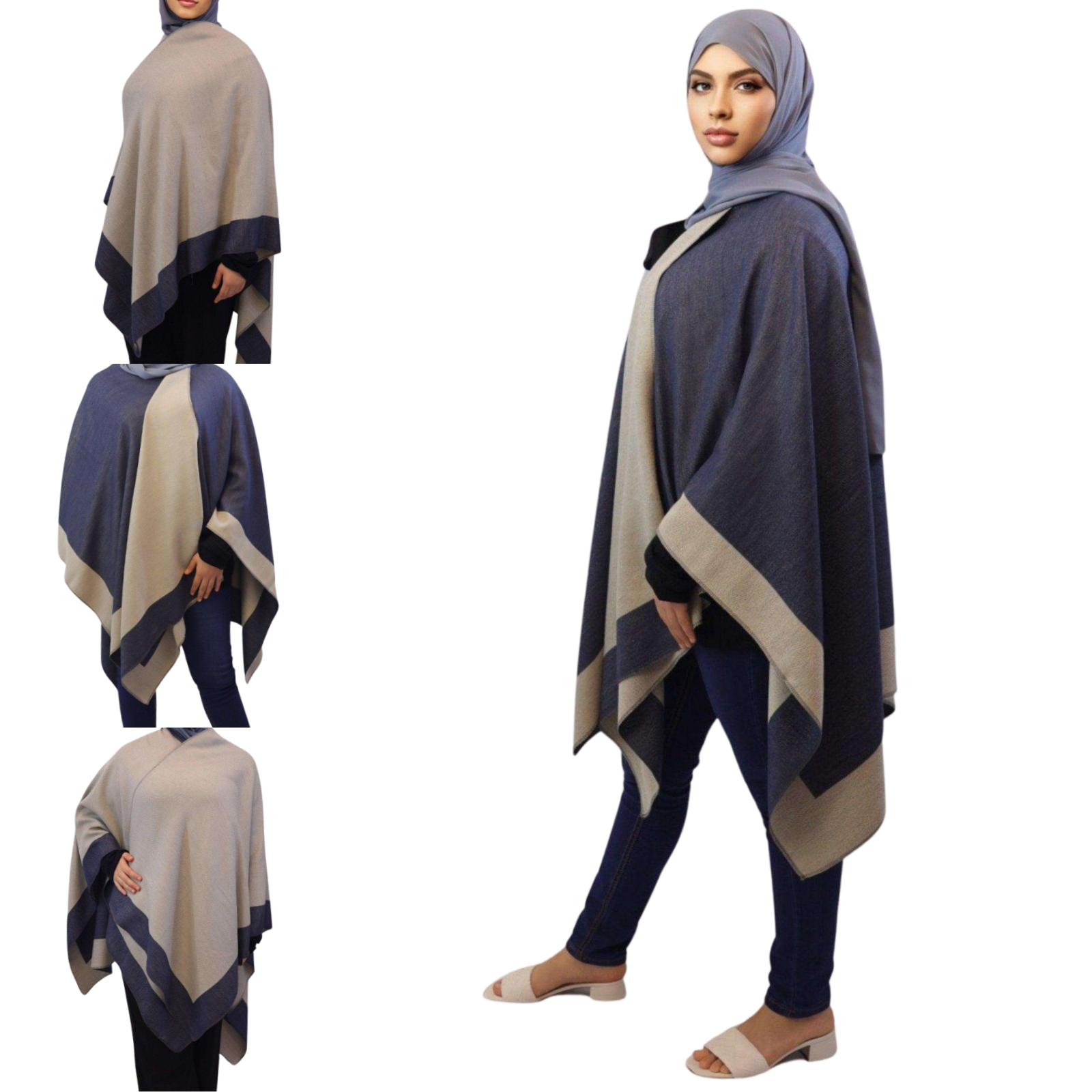 Reversible Poncho women gray blue front side views Modesty Muslimah