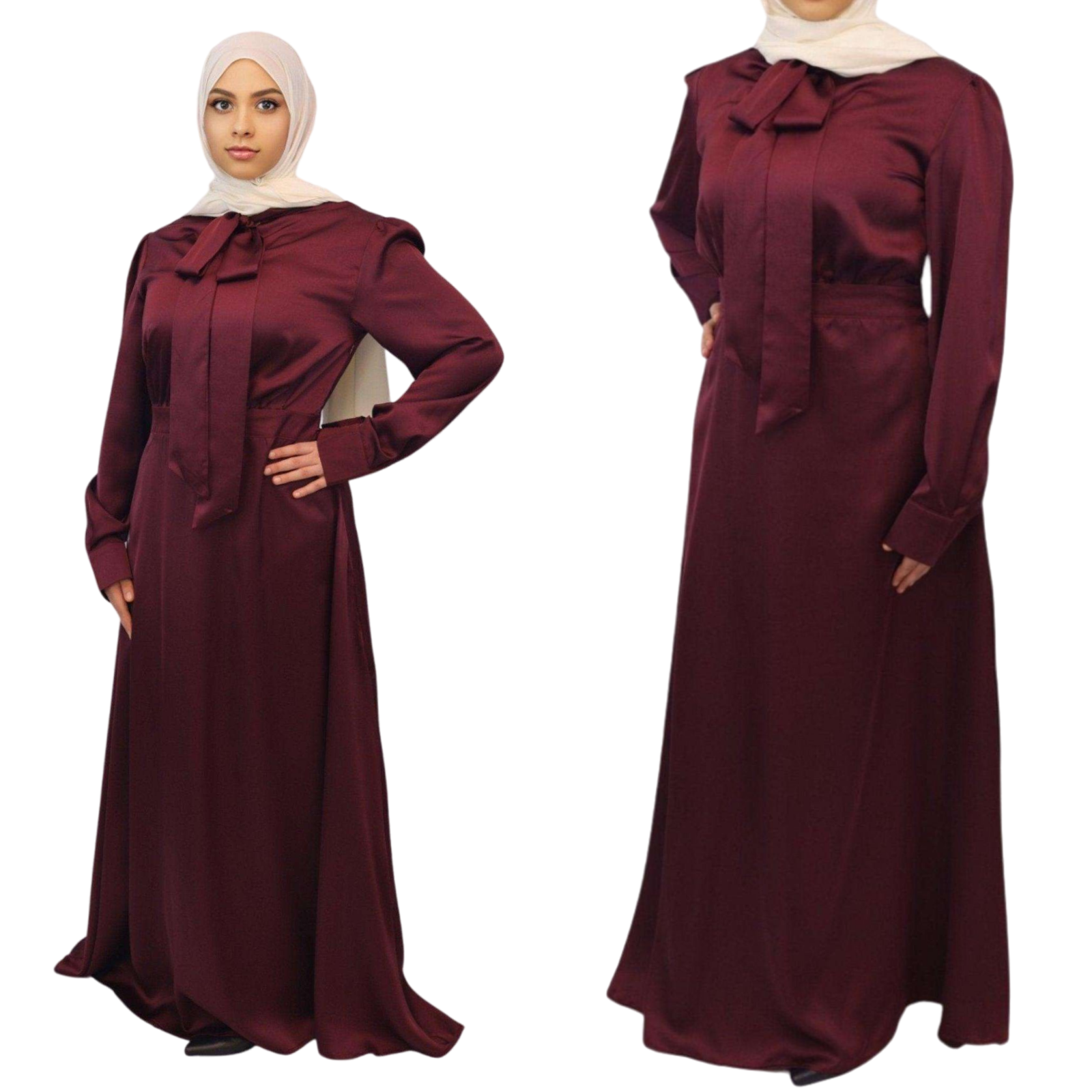 Zina Satin Neck Tied Dress Burgundy brown front side view