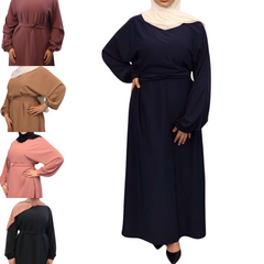 Khadijah Nida Elastic Cuffed Abaya navy, khaki, pink, black front side views Modesty Muslimah 