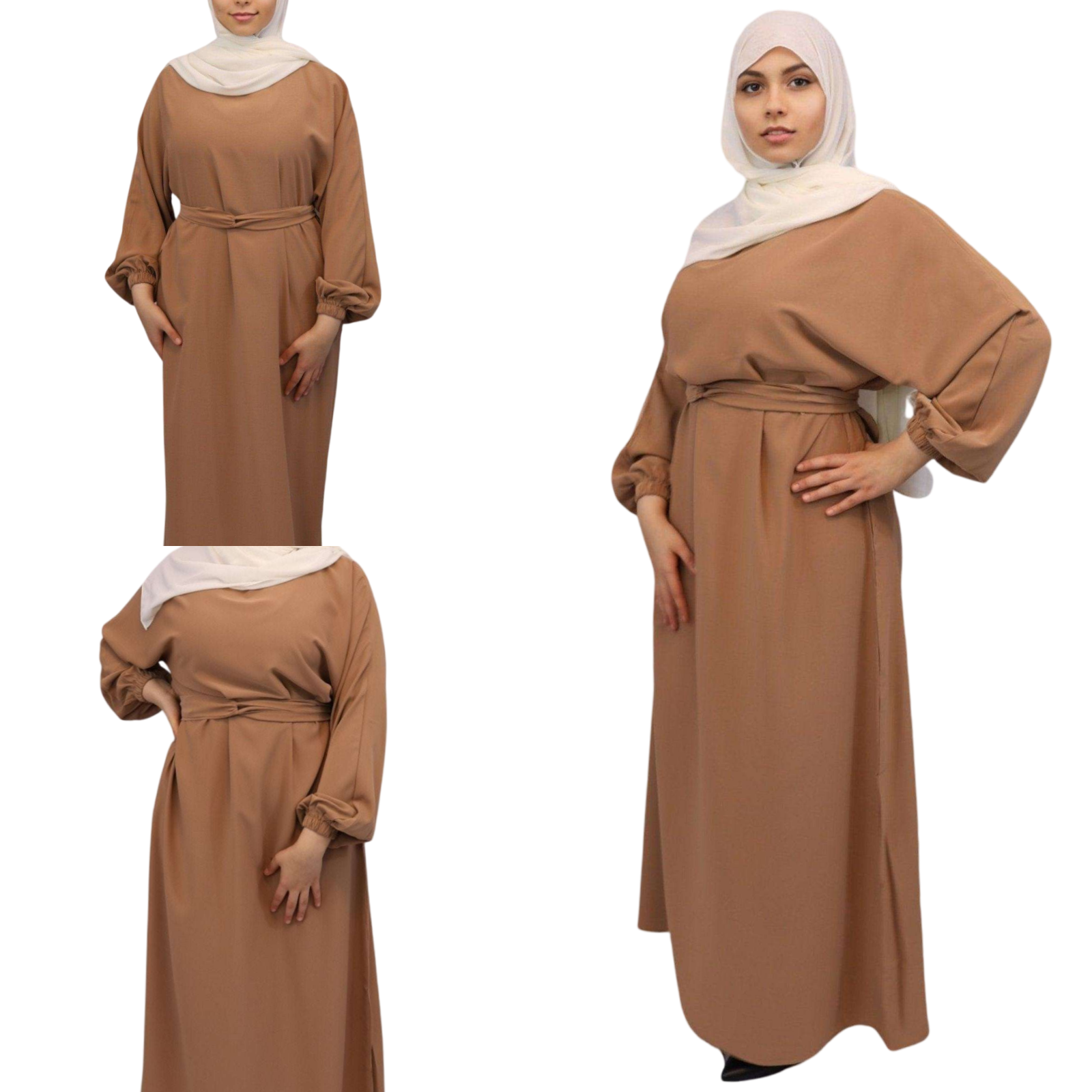 Khadijah Nida Elastic Cuffed Abaya khaki front side views Modesty Muslimah 