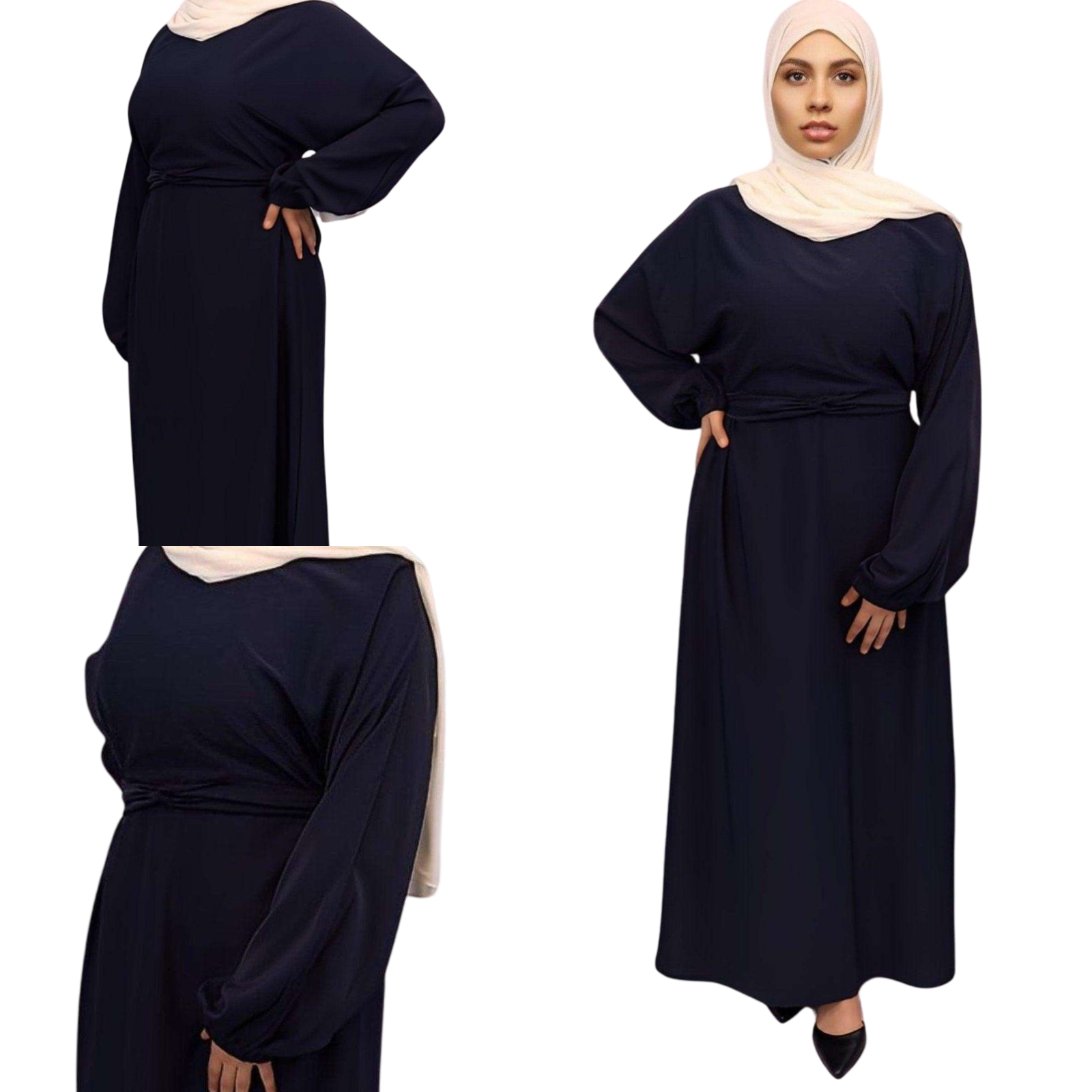 Khadijah Nida Elastic Cuffed Abaya navy front side views Modesty Muslimah 