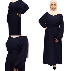 Khadijah Nida Elastic Cuffed Abaya navy front side views Modesty Muslimah 