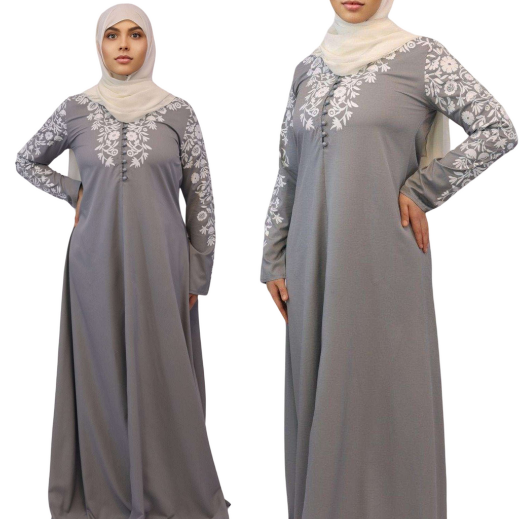 Woman wearing a floral abaya in gray colors front and side view modesty muslimah