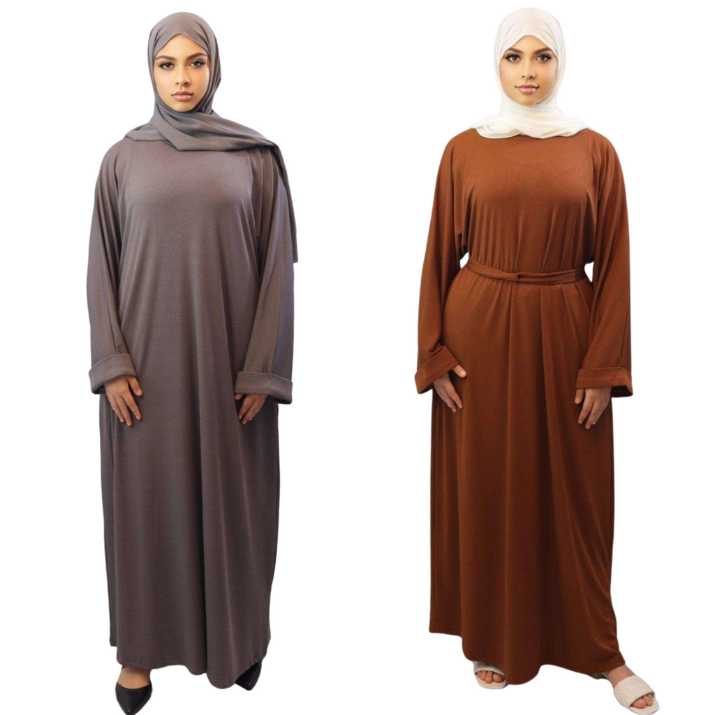 Woman in Ribbed Sweater Abaya gray and brown front view modesty muslimah