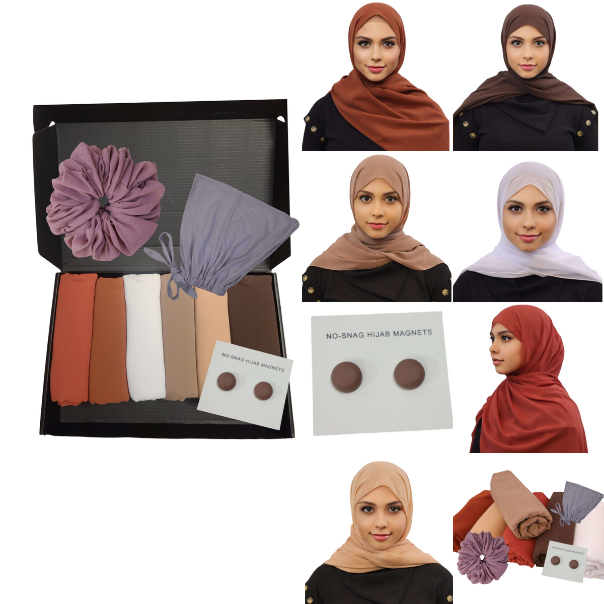 9 pc gift set hijab chiffon with large scrunchie, under cap and 2 pair hijab magnet modesty muslimah