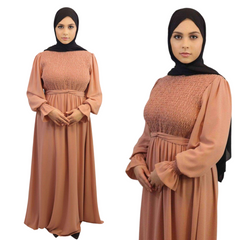 Smocked bodice chiffon Fully Lined non transparent maxi dress abaya dark salmon modesty muslimah