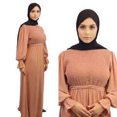 Smocked bodice chiffon Fully Lined non transparent maxi dress abaya dark Salmon modesty muslimah